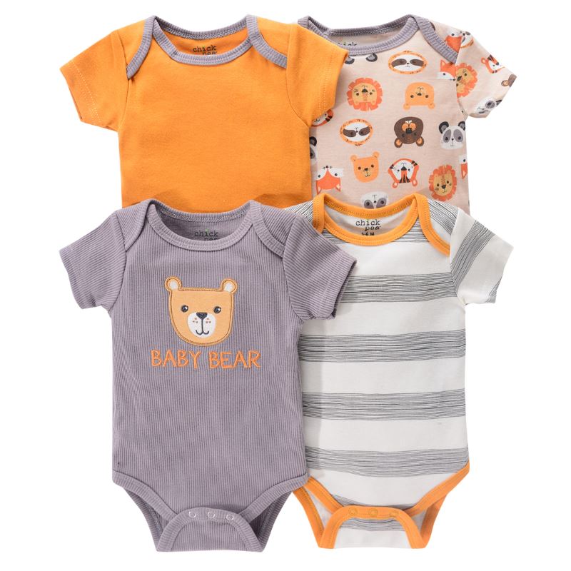 Body Infantil Manga Curta Unissex com Estampa e sem Estampa - Conjunto com 4 Unidades Body Infantil Manga Curta Unissex com Estampa e sem Estampa - Conjunto com 4 Unidades Loja do Bambino Modelo 05 3 Meses