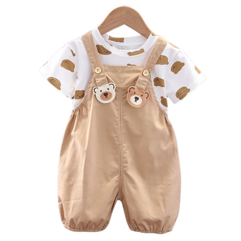 Macacão Infantil Unissex Com Camiseta Branca Ursinho Macacão Infantil Unissex Com Camiseta Branca Ursinho Loja do Bambino Modelo Masculino 80