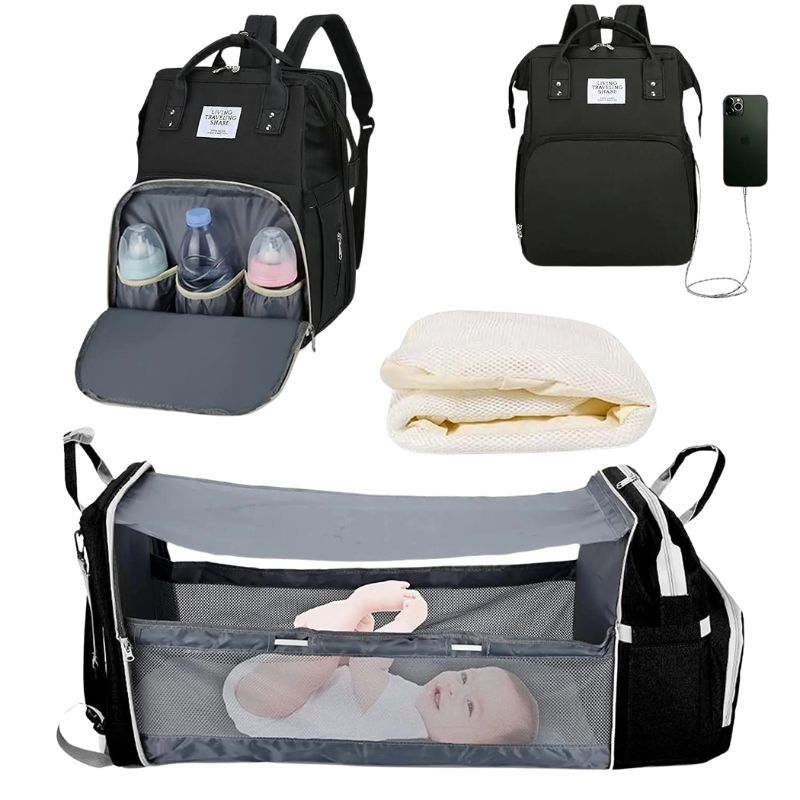 Bolsa Inteligente para Mães: Carregador USB, Porta Mamadeiras e Trocador de Fraldas Bolsa Maternidade Bambino Loja do Bambino Preto 