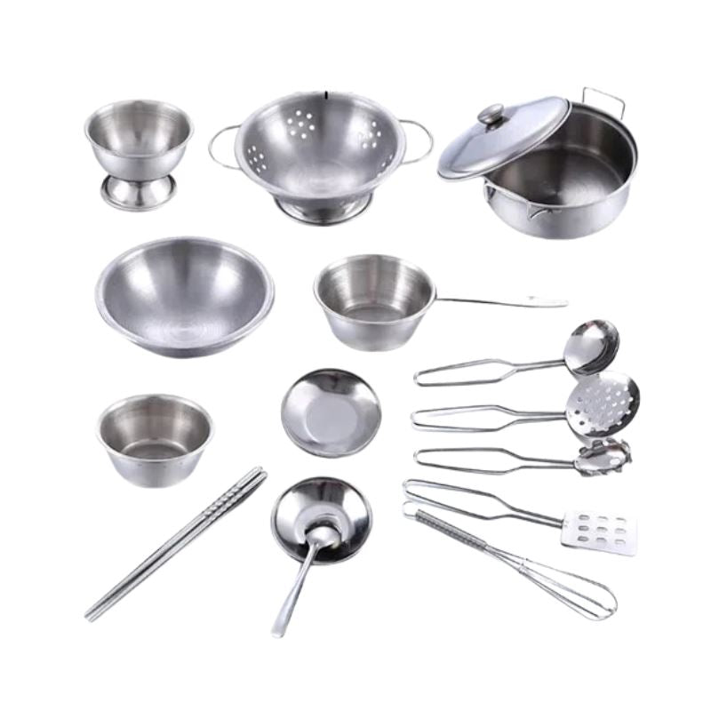 Conjunto Mini Cozinha Sundy em Aço Inoxidável Bambino Conjunto Mini Cozinha Sundy em Aço Inoxidável Bambino Loja do Bambino Modelo 02 (16 peças) 